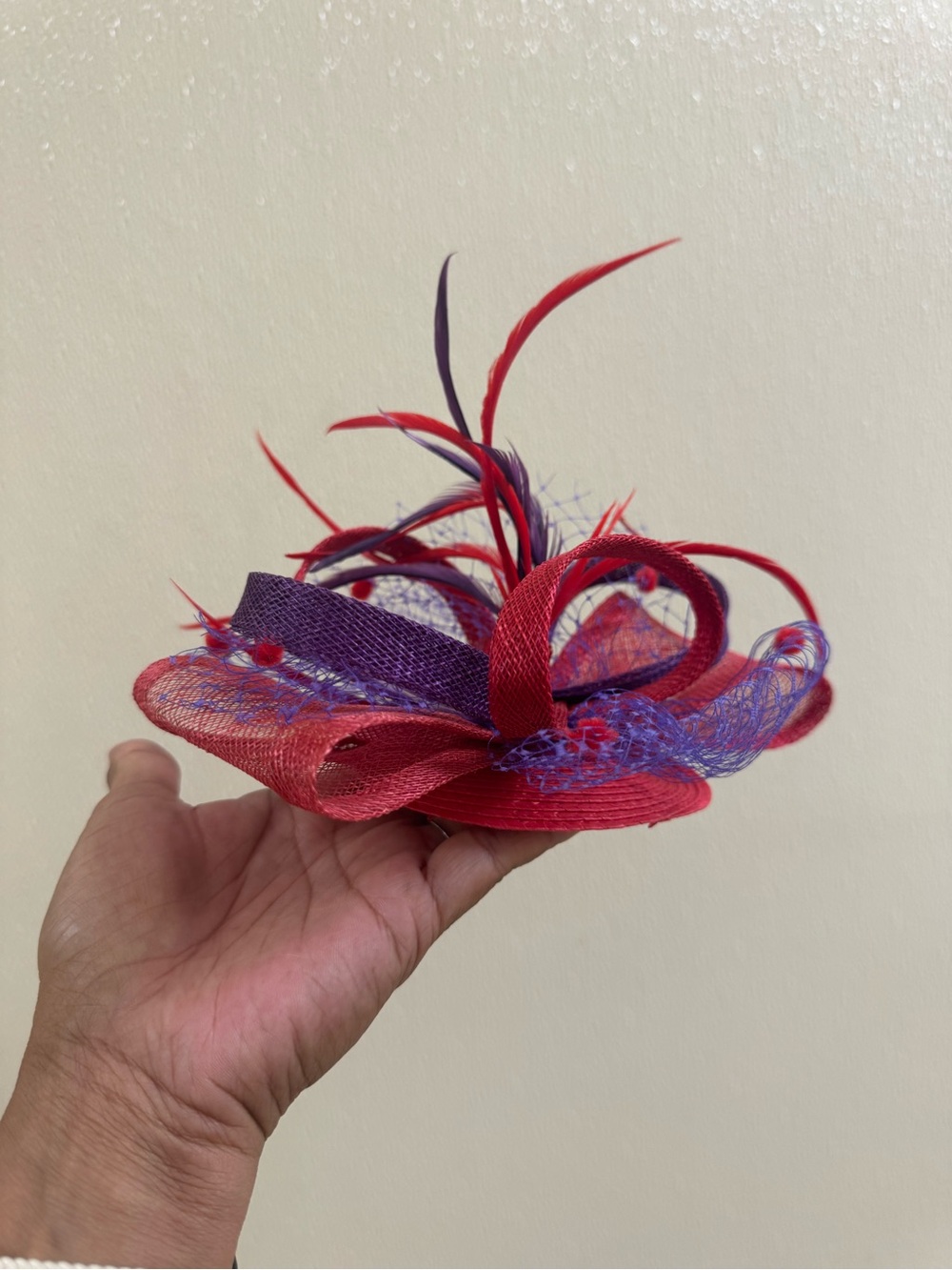 Red Purple Fascinator Feather Wedding Derby Goth Halloween Costume Net Headpiece